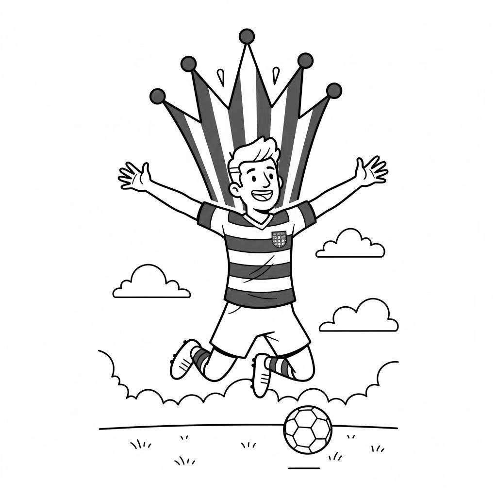 Zwart-wit kleurplaat van een juichende PEC Zwolle voetballer die in de lucht springt met een kampioenskroon, voetbal en grasveld.