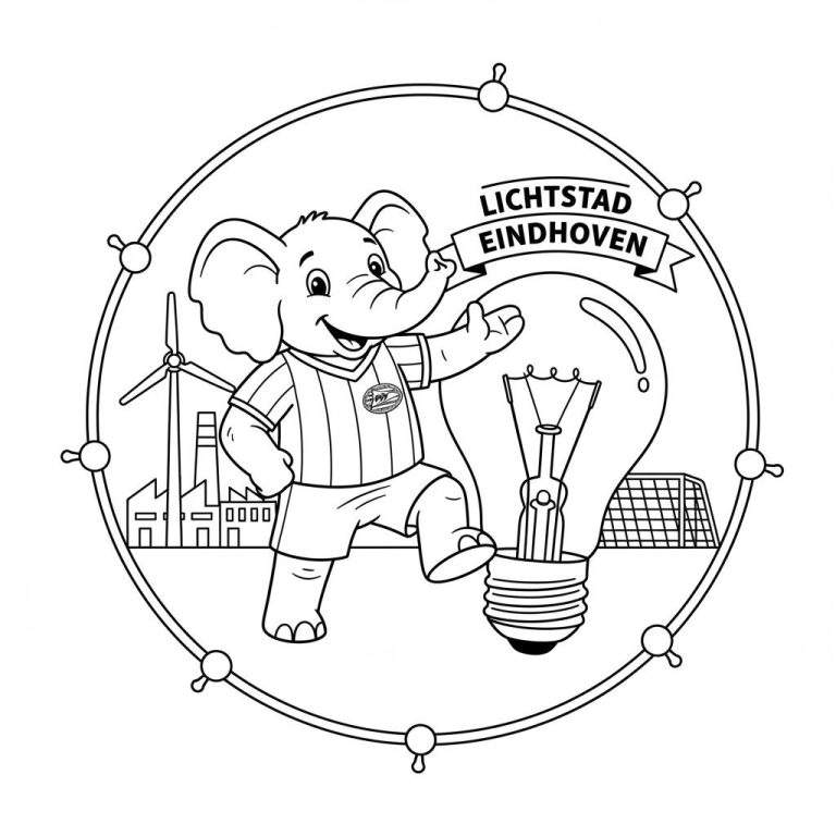 Kleurplaat van een vrolijke olifant in voetbaltenue die op een gloeilamp staat, met de skyline van Eindhoven inclusief windturbine, een voetbaldoel en een spandoek 'LICHTSTAD EINDHOVEN'.