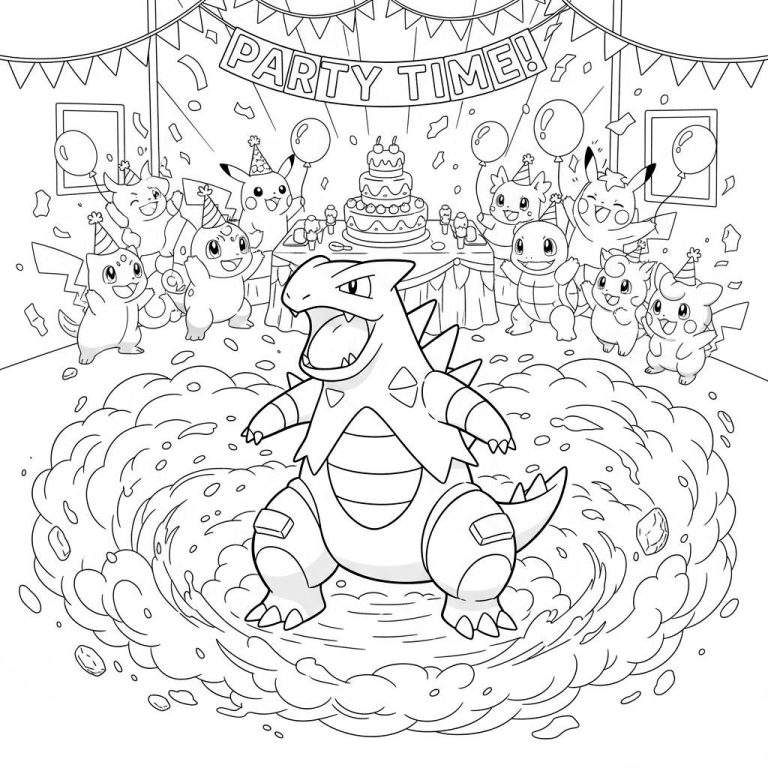 Kleurplaat van een Pokémon-feestje: een grote Tyranitar op de voorgrond met stofwerveling, en op de achtergrond feesten Pikachu, Eevee, Squirtle, Clefairy, Jigglypuff en Mime Jr. rond een verjaardagstaart met een 'PARTY TIME!' banner, ballonnen en confetti.