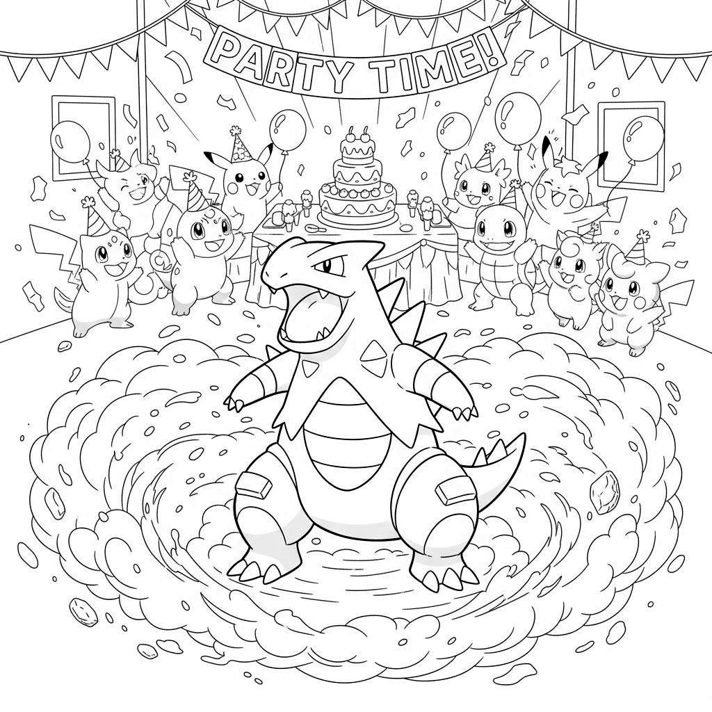 Kleurplaat van een Pokémon-feestje: een grote Tyranitar op de voorgrond met stofwerveling, en op de achtergrond feesten Pikachu, Eevee, Squirtle, Clefairy, Jigglypuff en Mime Jr. rond een verjaardagstaart met een 'PARTY TIME!' banner, ballonnen en confetti.