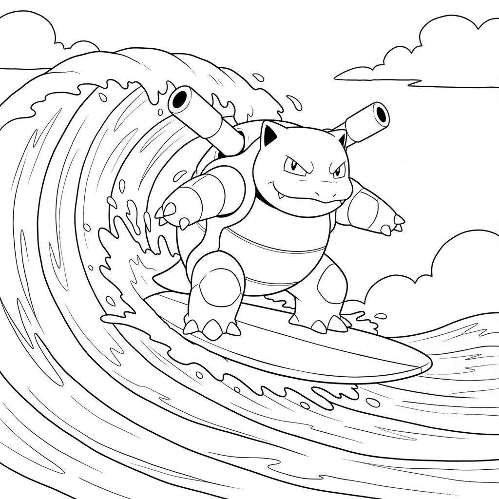 Zwart-wit kleurplaat van Blastoise die op een surfplank een hoge golf bedwingt. Water spat rond de Pokémon en de plank. Blastoise heeft een geconcentreerde uitdrukking. Op de achtergrond zijn wolken te zien.