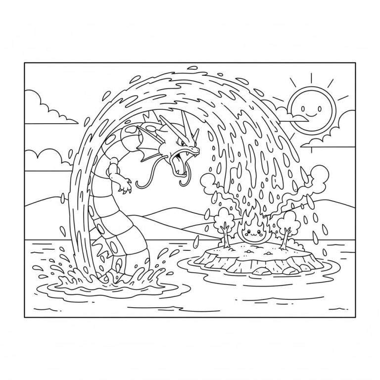 Zwart-wit lijntekening van Gyarados die uit het water spuit om een vuurwezen op een eiland te blussen, met heuvels en een lachende zon op de achtergrond.