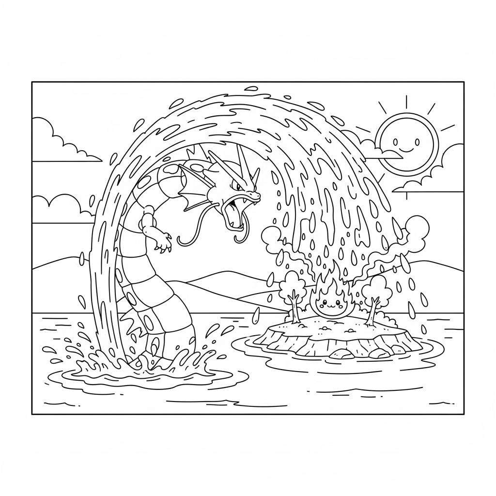 Zwart-wit lijntekening van Gyarados die uit het water spuit om een vuurwezen op een eiland te blussen, met heuvels en een lachende zon op de achtergrond.