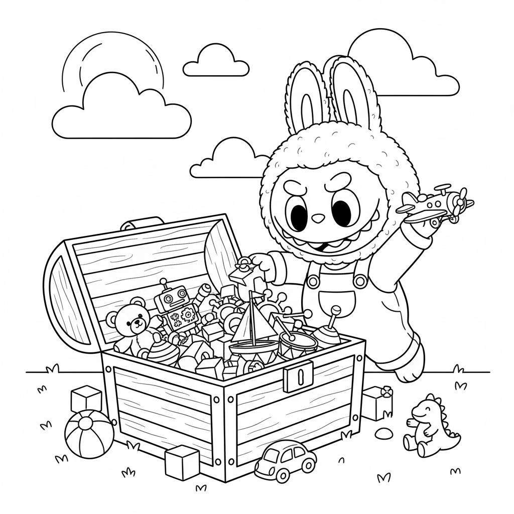 Vrolijk Labubu konijntje in tuinbroek pakt speelgoedkist uit met teddybeer, robot, zeilboot, bouwblokken en houdt een vliegtuigje vast. Omringd door speelgoed en met wolken en zon op de achtergrond.