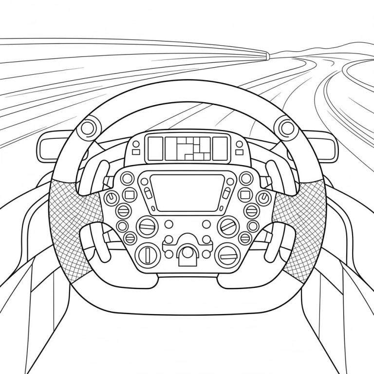 Zwart-wit lijntekening van een auto-interieur vanuit bestuurdersperspectief, met centraal een gedetailleerd stuurwiel, dashboard en een bochtige weg door de voorruit. Red Bull thema.