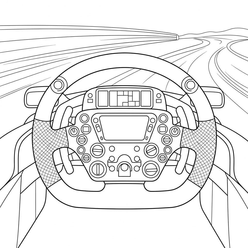 Zwart-wit lijntekening van een auto-interieur vanuit bestuurdersperspectief, met centraal een gedetailleerd stuurwiel, dashboard en een bochtige weg door de voorruit. Red Bull thema.