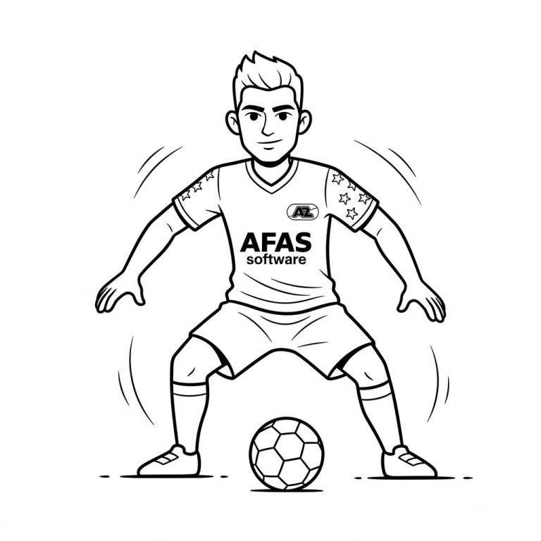 Zwart-wit cartoon kleurplaat van een AZ-voetballer in een actieve, gehurkte houding, met het 'AFAS software' logo op zijn shirt en een voetbal voor zijn voeten. De speler heeft stekelig haar en een vriendelijke uitdrukking.