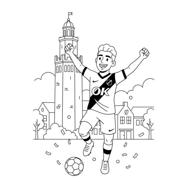 Zwart-wit kleurplaat van een juichende NAC Breda voetbalspeler in voetbaltenue met Nike logo en clubembleem, vuisten gebald en breed lachend, confetti, voetbal en een stad- of dorpsgezicht met historische toren en huizen op de achtergrond. De speler viert een overwinning.