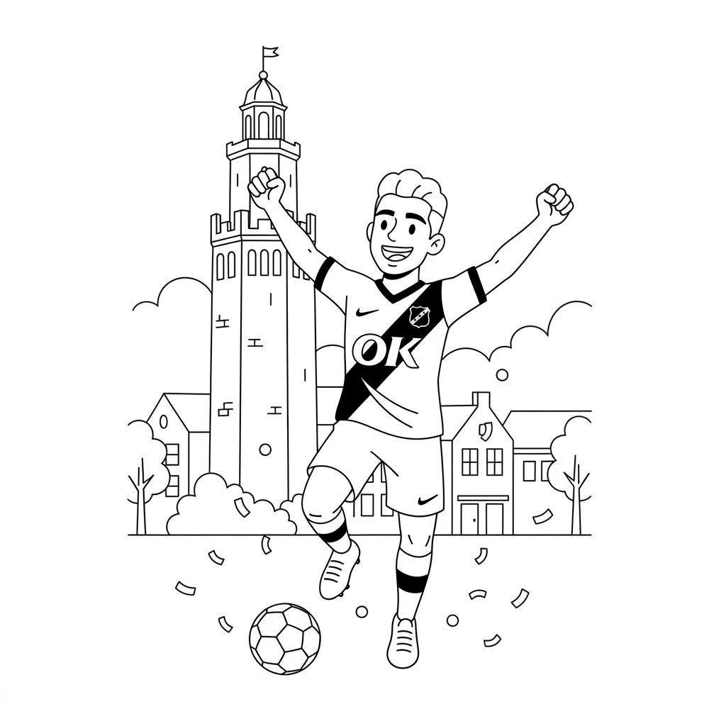 Zwart-wit kleurplaat van een juichende NAC Breda voetbalspeler in voetbaltenue met Nike logo en clubembleem, vuisten gebald en breed lachend, confetti, voetbal en een stad- of dorpsgezicht met historische toren en huizen op de achtergrond. De speler viert een overwinning.