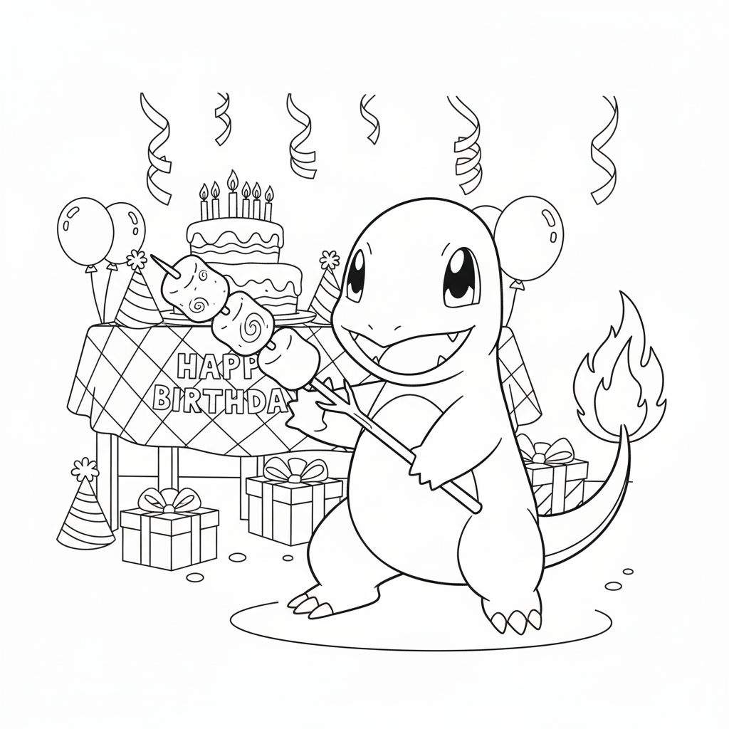 Kleurplaat van Charmander met feesthoedje, lachend, en marshmallows, bij een verjaardagstaart met 6 kaarsjes, slingers, ballonnen, cadeautjes, en confetti. Tekst: 'HAPP BIRTHDA'.