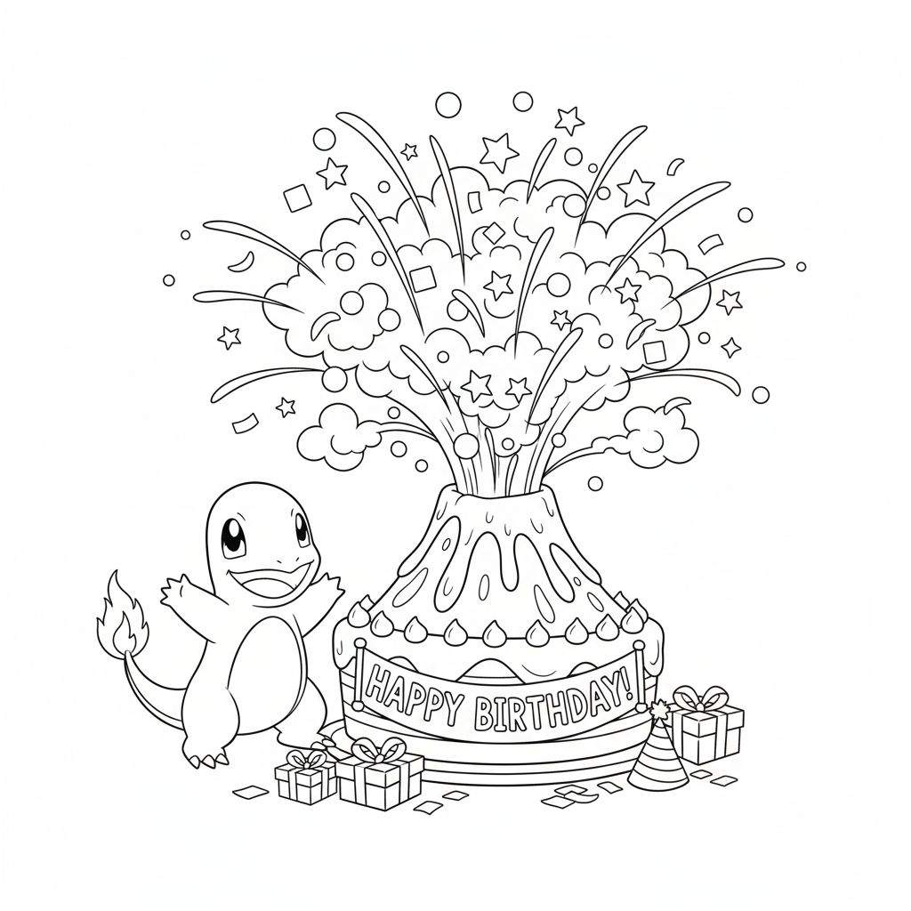 Zwart-wit kleurplaat van Charmander die lacht bij een vulkaan-verjaardagstaart met confetti, 'Happy Birthday!' banner, cadeautjes en een feesthoedje.