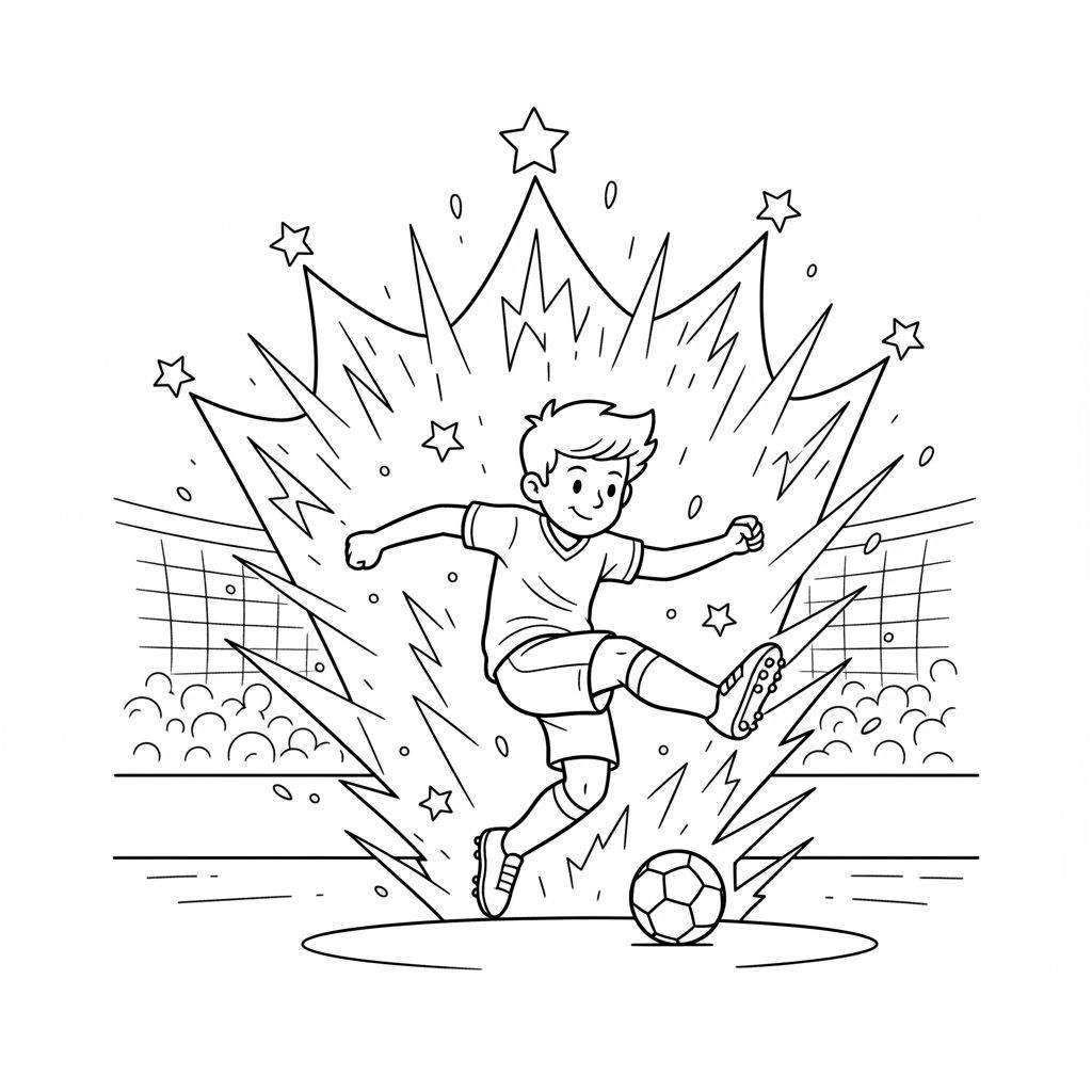 Zwart-wit lijntekening kleurplaat van een vrolijke jonge Excelsior voetballer in tenue die de voetbal wegschopt, met dynamische energie-effecten, sterren, cirkels, een voetbaldoel en publiek op de achtergrond.