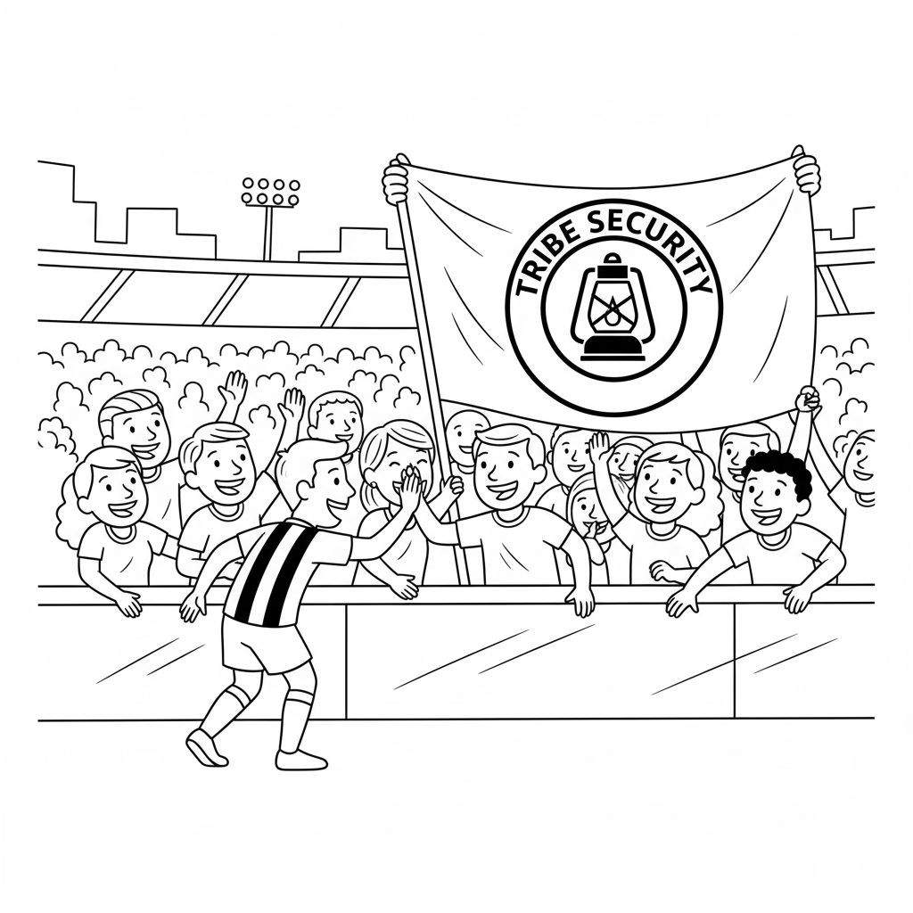 Zwart-wit lijntekening van Roda JC voetballer die high five geeft aan juichende fans bij de tribune, met 'TRIBE SECURITY' spandoek en stadion op de achtergrond.