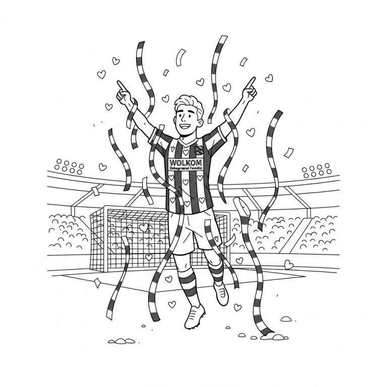 Lijntekening van een juichende SC Heerenveen voetballer met armen omhoog en wijsvingers wijzend, een brede glimlach, op een voetbalveld met doel en tribunes. Feestelijke slingers, linten en hartjes zweven rondom de speler die een gestreept shirt draagt met 'WOLKOM Dekoregrered Familie' logo.