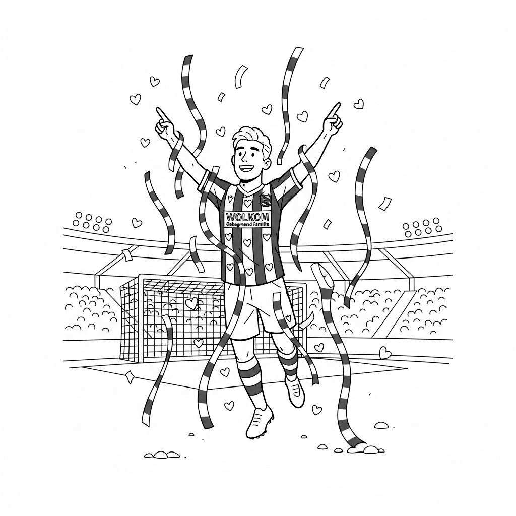 Lijntekening van een juichende SC Heerenveen voetballer met armen omhoog en wijsvingers wijzend, een brede glimlach, op een voetbalveld met doel en tribunes. Feestelijke slingers, linten en hartjes zweven rondom de speler die een gestreept shirt draagt met 'WOLKOM Dekoregrered Familie' logo.