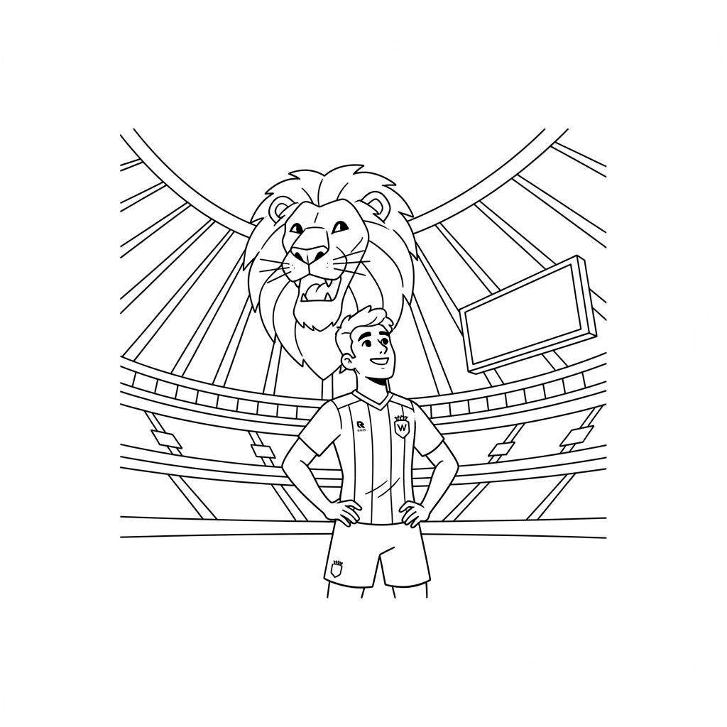 Kleurplaat van een lachende Willem II voetballer met shirtlogo's (R, W in schild, kroon) en handen in zijn zij, voor een groot brullend leeuwenhoofd. Achtergrond toont een voetbalstadion met tribunes en scorebord.