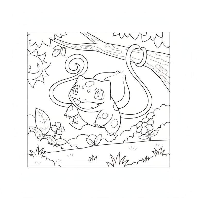Zwart-wit kleurplaat van een lachende Bulbasaur met knol en ranken, omringd door een zonnige natuurlijke omgeving met een boomtak, bladeren en bloemen.