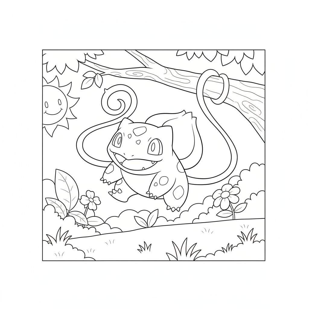 Zwart-wit kleurplaat van een lachende Bulbasaur met knol en ranken, omringd door een zonnige natuurlijke omgeving met een boomtak, bladeren en bloemen.