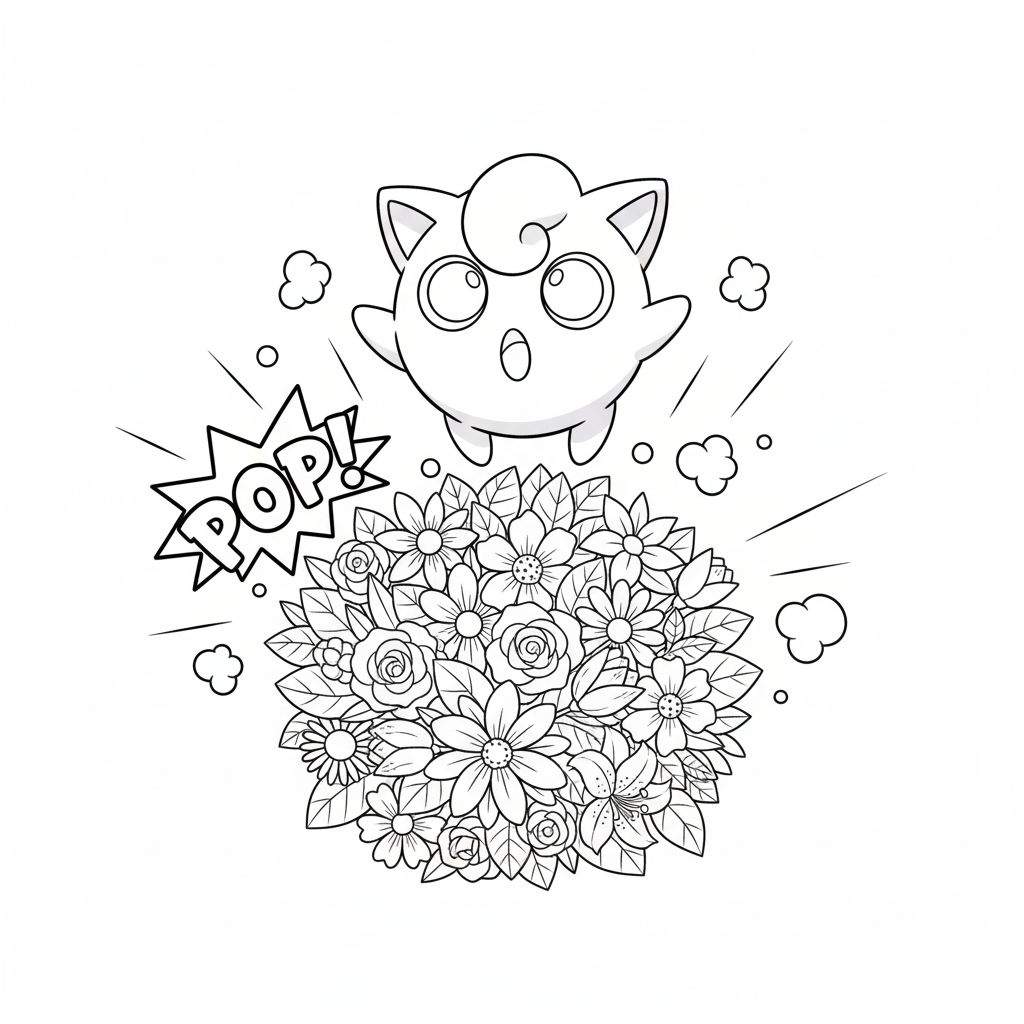 Zwart-wit kleurplaat van Jigglypuff die met een verraste uitdrukking en een 'POP!' tekstballon uit een weelderige bos bloemen springt.