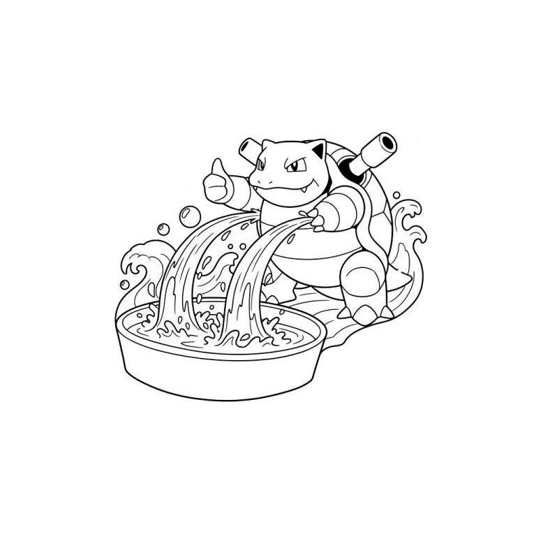 Zwart-wit kleurplaat van Pokémon Blastoise die water in een bak spuit en tevreden zijn duim omhoog steekt, met dynamische watergolven en spetters.