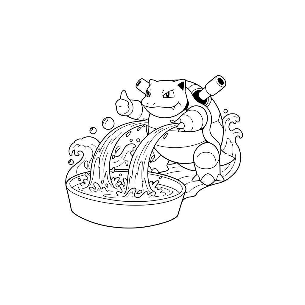 Zwart-wit kleurplaat van Pokémon Blastoise die water in een bak spuit en tevreden zijn duim omhoog steekt, met dynamische watergolven en spetters.