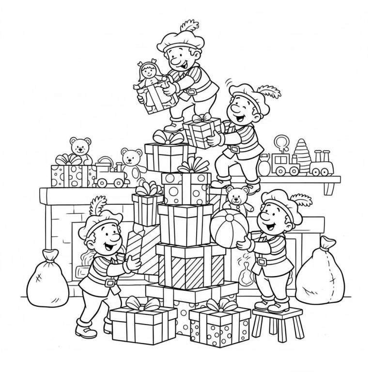 Zwart-wit kleurplaat van vijf lachende elfen die ijverig cadeautjes en speelgoed stapelen. De elfen dragen puntmutsen en gestreepte shirts. Ze zijn omringd door grote stapels ingepakte geschenken, teddyberen, treintjes, een pop en een bal. Links is een schoorsteenmantel te zien, rechts een plank met speelgoed en aan weerszijden grote, volle zakken. Een elf staat op een houten krukje, terwijl de bovenste elf op een cadeaustapel balanceert.