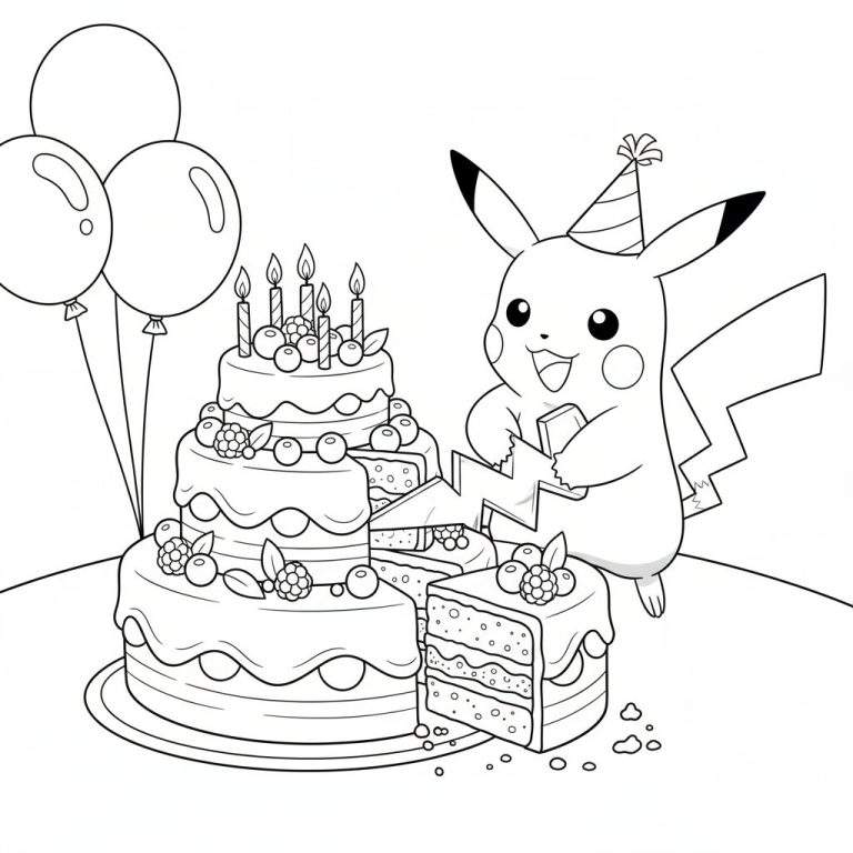 Kleurplaat van Pikachu met een feestmuts, glimlachend en een bliksemvormig stuk taart vasthoudend naast een grote drielaagse verjaardagstaart met vijf kaarsjes en bessen, met drie ballonnen op de achtergrond.