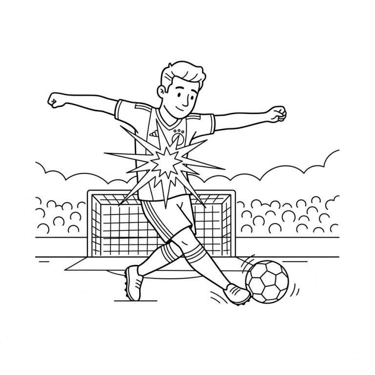 Zwart-wit kleurplaat van een glimlachende Ajax-voetballer die een voetbal schiet met een ster-impact, een doel en stadion op de achtergrond.