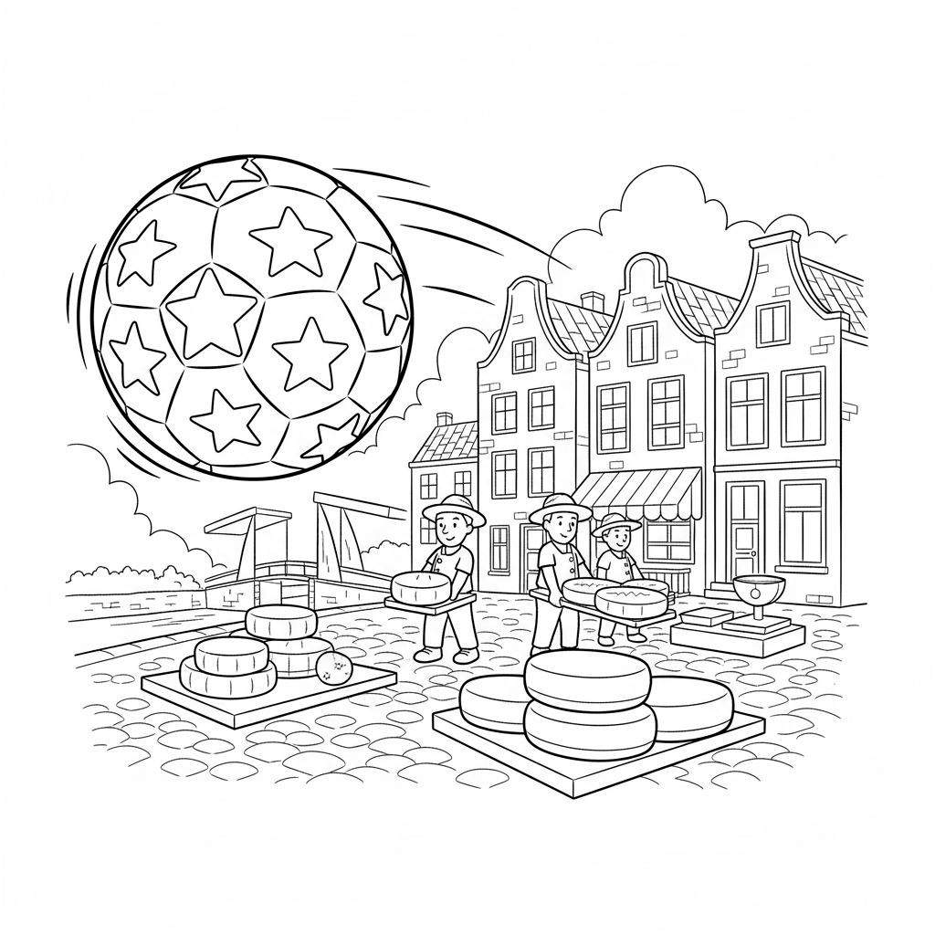 Kleurplaat: Hollandse kaasmarkt met kaasdragers, traditionele huizen en een voetbal met sterren in de lucht, verwijzend naar AZ.