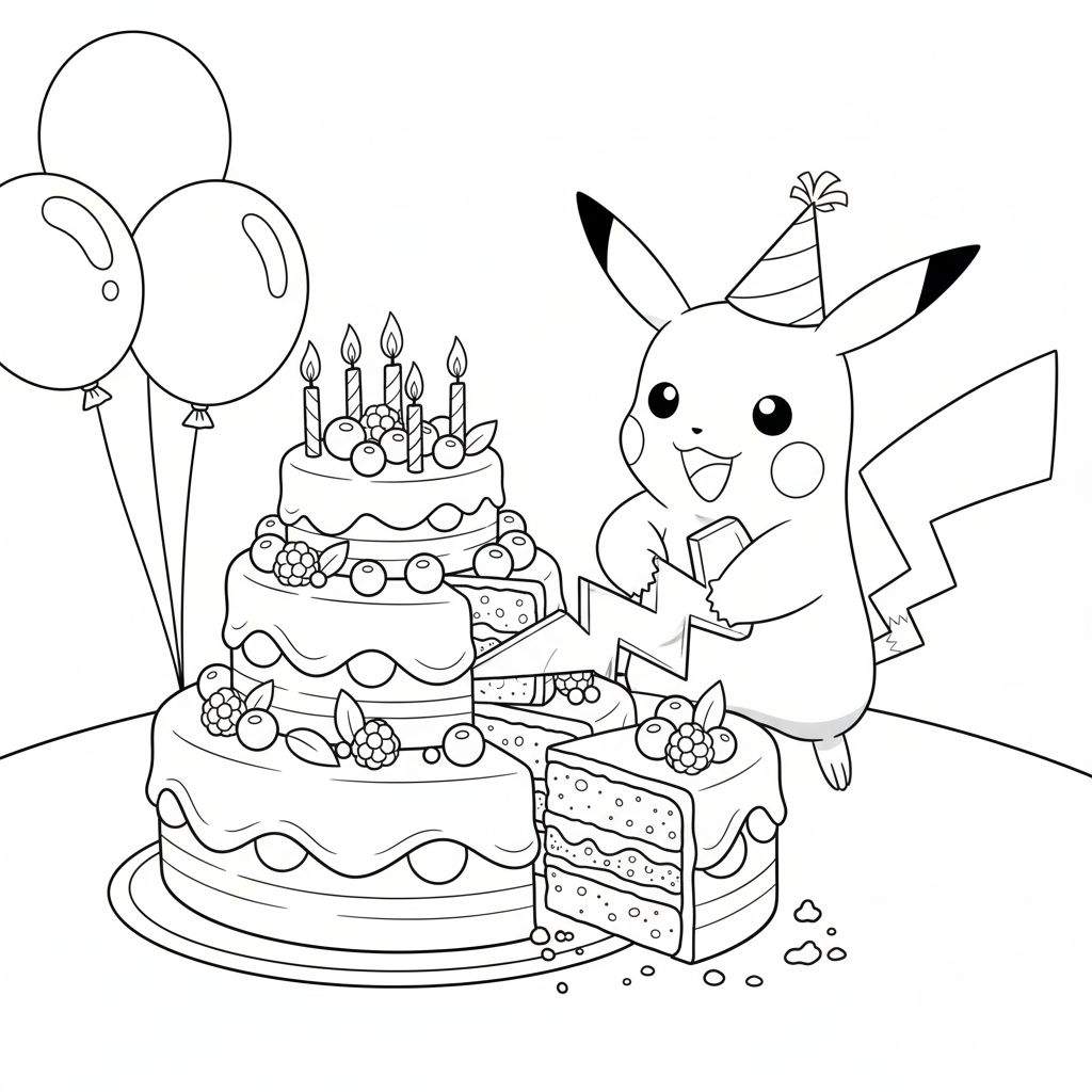 Kleurplaat van Pikachu met een feestmuts, glimlachend en een bliksemvormig stuk taart vasthoudend naast een grote drielaagse verjaardagstaart met vijf kaarsjes en bessen, met drie ballonnen op de achtergrond.