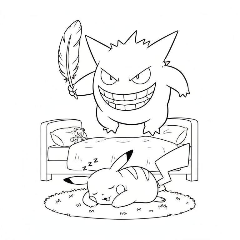 Zwart-wit lijntekening van de ondeugende Gengar die een veer vasthoudt boven de slapende Pikachu op een vloerkleed, met een teddybeer op een bedkussen.