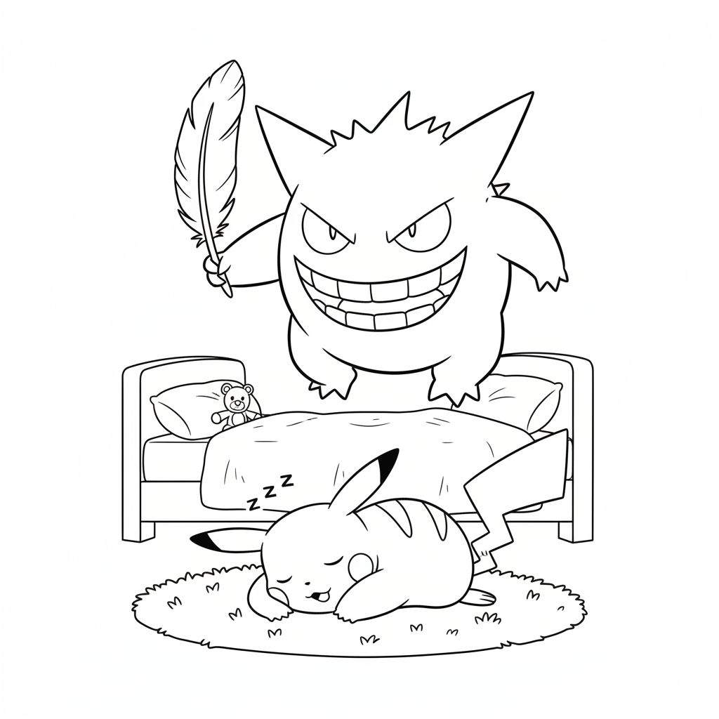 Zwart-wit lijntekening van de ondeugende Gengar die een veer vasthoudt boven de slapende Pikachu op een vloerkleed, met een teddybeer op een bedkussen.