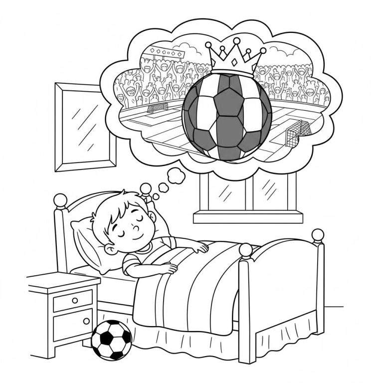 Kleurplaat van een slapende jongen die droomt van voetbalroem in een PEC Zwolle stadion, inclusief een gekroonde voetbal. Een voetbal ligt op de grond naast zijn bed.