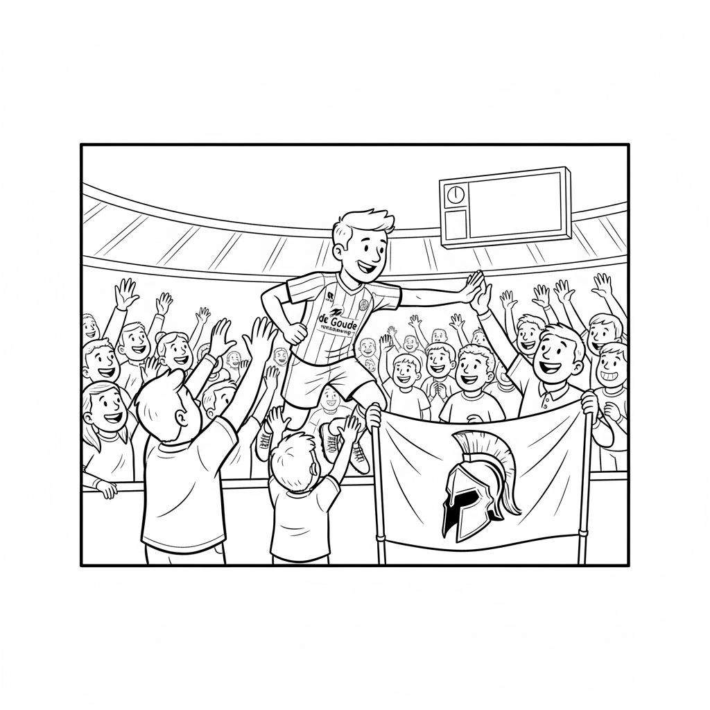 Zwart-wit kleurplaat van een vrolijke Sparta Rotterdam voetballer die over een reclamebord springt om juichende fans te begroeten in een stadion. Een spandoek met Spartaanse helm is zichtbaar.