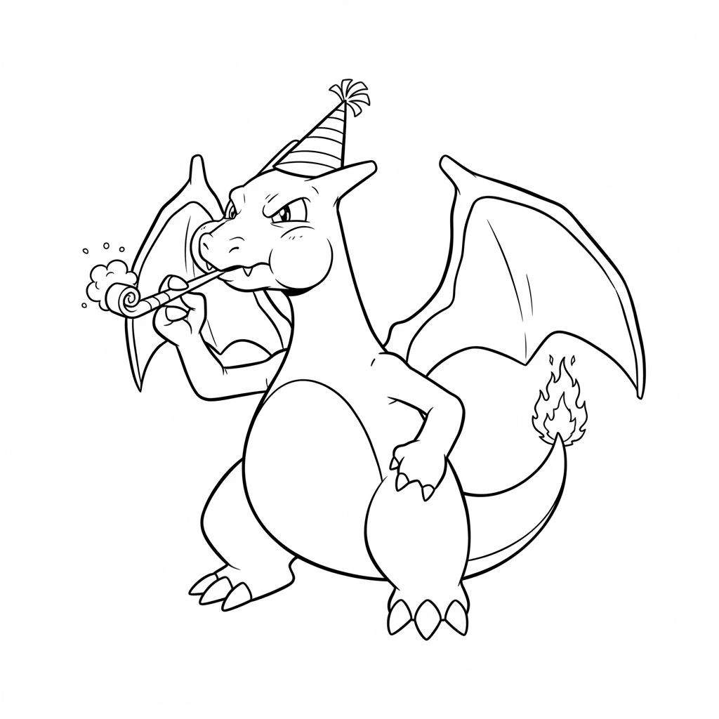Zwart-witte lijntekening van Charizard met feesthoedje en toeter, staand met gespreide vleugels.