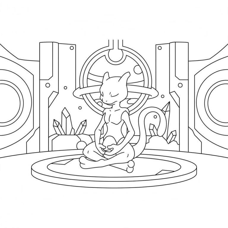 Zwart-wit kleurplaat van Mewtwo die mediteert in kleermakerszit op een rond platform, omringd door scherpgevormde kristallen en geometrische, futuristische structuren.