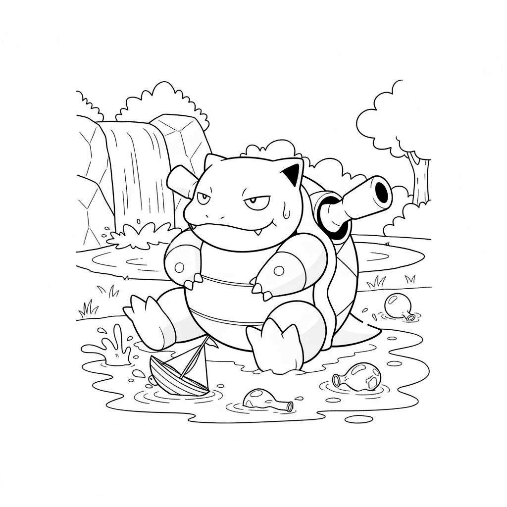 Lijntekening van Blastoise in een waterplas met een waterval, rotsen en bomen op de achtergrond. Drijvende flessen en een zeilbootje zijn zichtbaar, Blastoise heeft een vermoeide uitdrukking met een zweetdruppel.