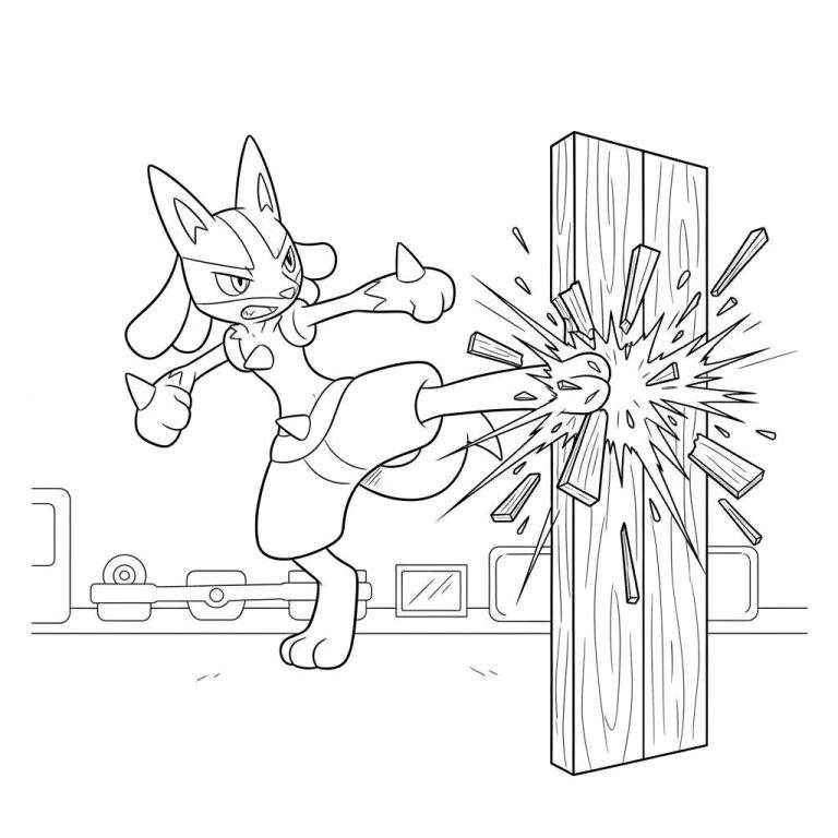 Zwart-wit kleurplaat van Lucario die een krachtige zijwaartse trap uitvoert tegen een houten plank, die verbrijzelt in splinters.