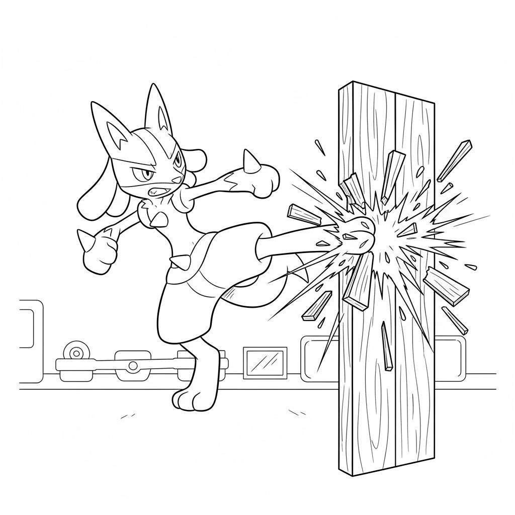 Zwart-wit kleurplaat van Lucario die een krachtige zijwaartse trap uitvoert tegen een houten plank, die verbrijzelt in splinters.