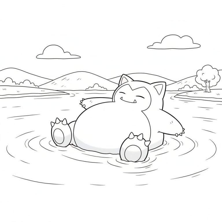 Zwart-wit kleurplaat van Snorlax die ontspannen op zijn rug drijft in het water, met gesloten ogen en een glimlach. Zijn armen en benen zijn gespreid, omringd door waterkringen. Op de achtergrond zijn bergen, wolken en een kleine boom op de oever te zien.