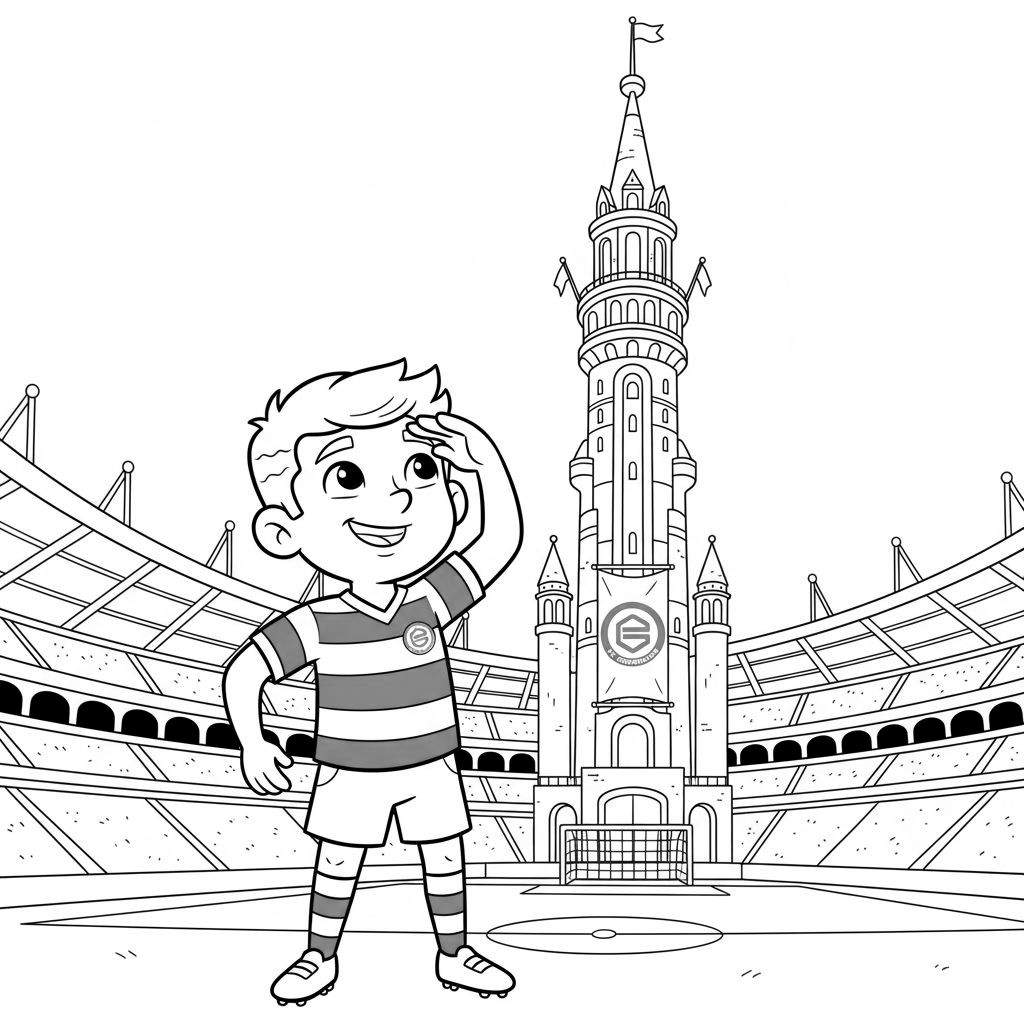 Kleurplaat van een lachende jongen in FC Groningen voetbaltenue die op een stadionveld in de verte kijkt. Op de achtergrond staat een kasteeltoren met ERINNOVATORS spandoek en een voetbaldoel.