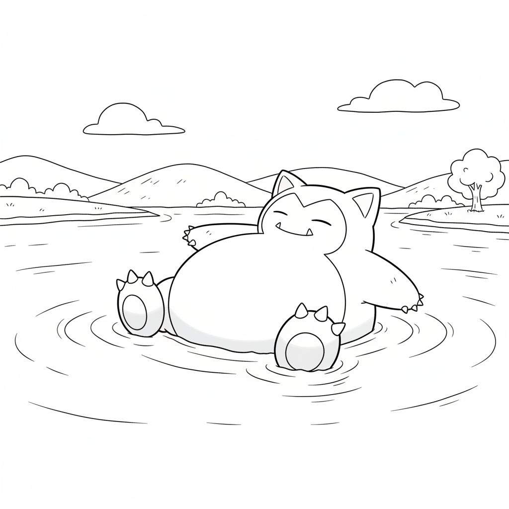 Zwart-wit kleurplaat van Snorlax die ontspannen op zijn rug drijft in het water, met gesloten ogen en een glimlach. Zijn armen en benen zijn gespreid, omringd door waterkringen. Op de achtergrond zijn bergen, wolken en een kleine boom op de oever te zien.