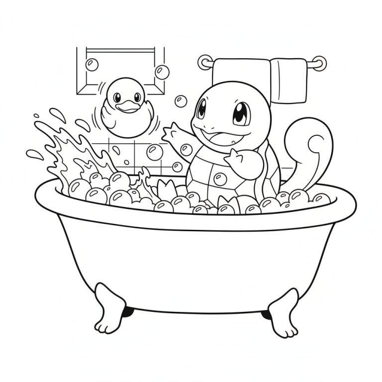 Lijntekening van Squirtle, een Pokémon, die blij in een badkuip vol zeepbellen zit, met een geel rubberen eendje ernaast. Op de achtergrond zijn badkamertegels en een handdoekrek te zien. Bedoeld als kleurplaat.
