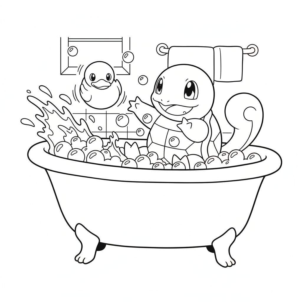 Lijntekening van Squirtle, een Pokémon, die blij in een badkuip vol zeepbellen zit, met een geel rubberen eendje ernaast. Op de achtergrond zijn badkamertegels en een handdoekrek te zien. Bedoeld als kleurplaat.