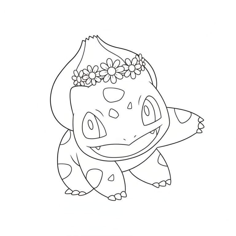Zwart-wit lijntekening van een lachende Bulbasaur Pokémon met een bloemenkrans van madeliefjes rond zijn bol, klaar om in te kleuren.