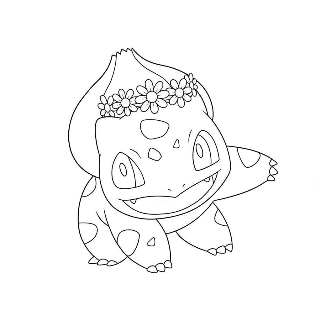 Zwart-wit lijntekening van een lachende Bulbasaur Pokémon met een bloemenkrans van madeliefjes rond zijn bol, klaar om in te kleuren.