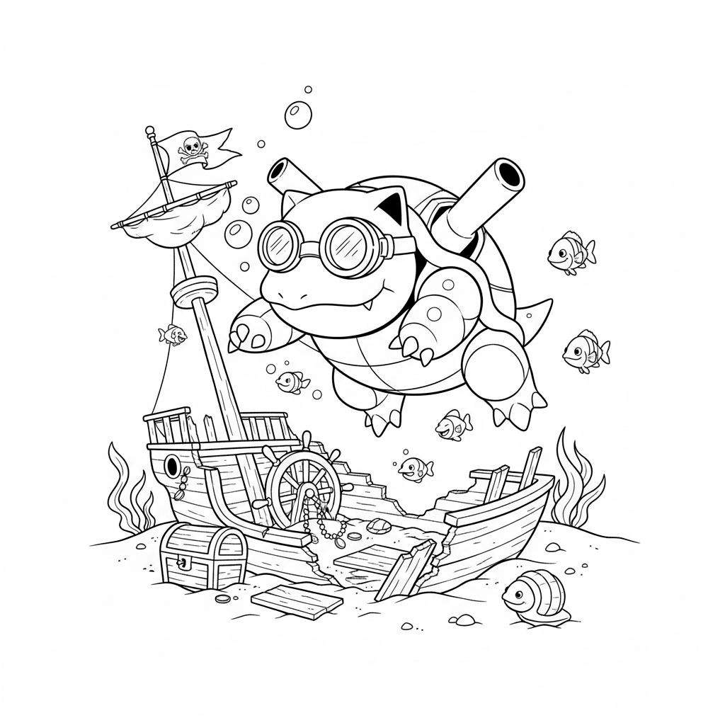 Zwart-wit kleurplaat van Blastoise met duikbril, zwevend boven een gedetailleerd scheepswrak met piratenvlag, schatkist en vissen op de zeebodem.