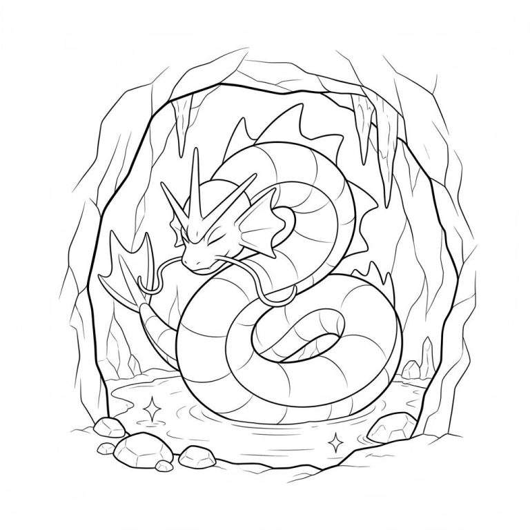 Zwart-wit kleurplaat van een slapende Gyarados, een draakachtige Pokémon, opgerold in een rustige waterpoel in een mystieke grot met stalactieten.