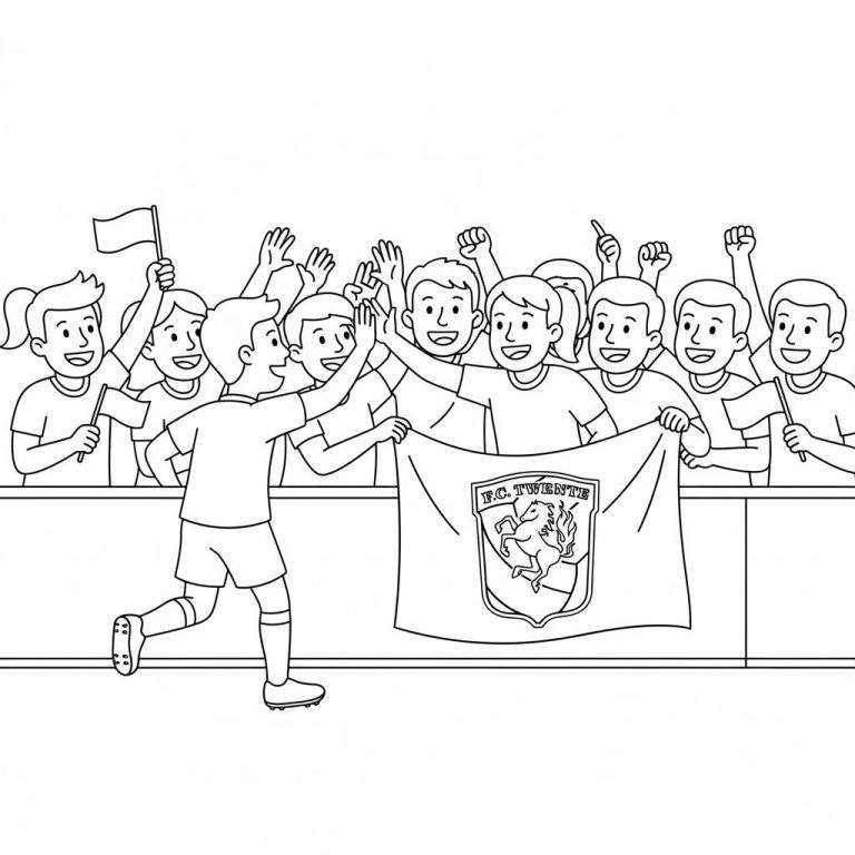 Kleurplaat van enthousiaste FC Twente fans met een speler die een high five geeft. Ze staan achter een balustrade en houden een "F.C. TWENTE" spandoek met clublogo vast, juichend met zwaaiende vlag.