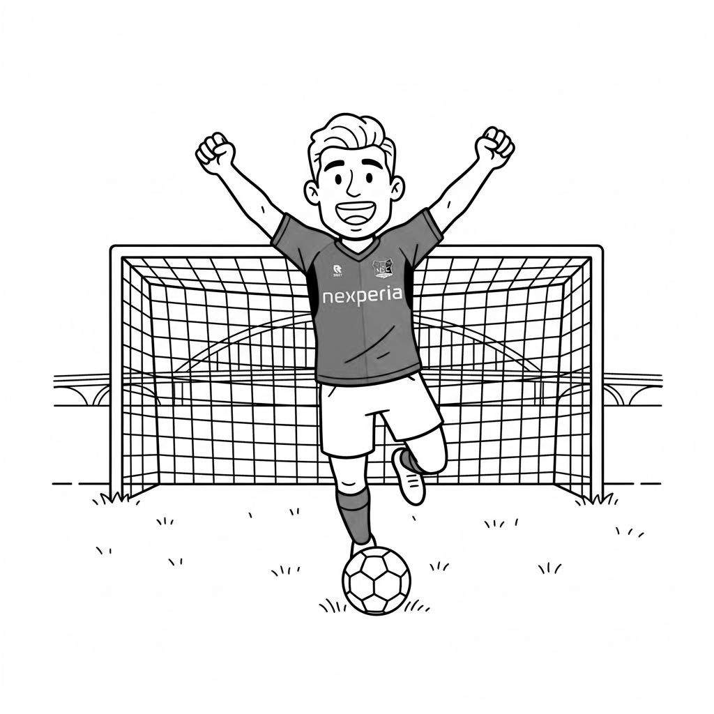 Cartoon kleurplaat van een juichende NEC voetballer met Nexperia-shirt, een bal aan zijn voet en een voetbaldoel op de achtergrond, met bruggen verder weg.